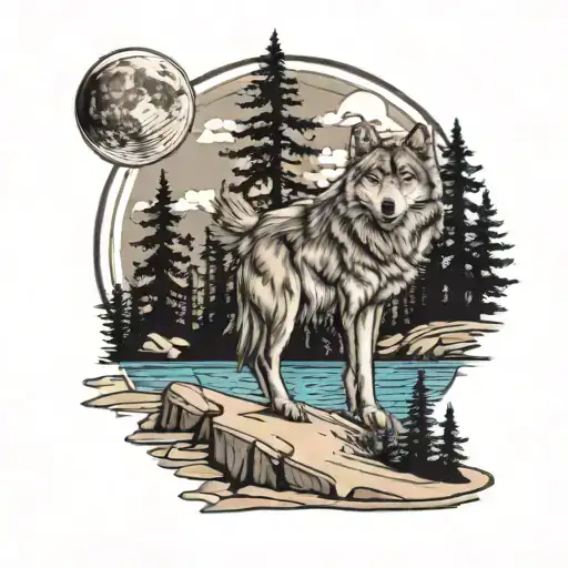 Sand Harbor Lake Tahoe With Wolf Looking Towards The Moon With A Shadow Of A Cross