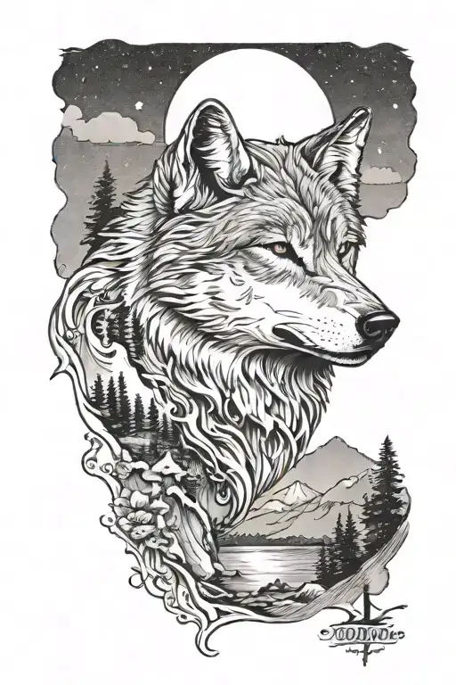 Sand Harbor Lake Tahoe With Wolf Looking Towards The Moon With A Shadow Of A Cross