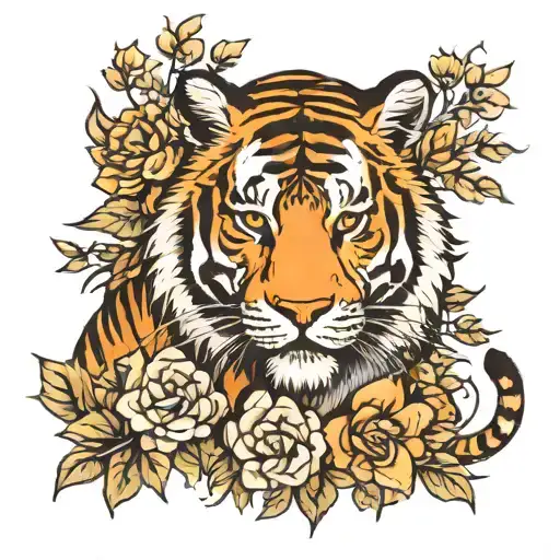 Full Body Tiger With Flowers And Leaves