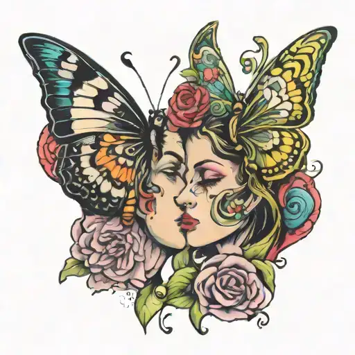 Kissing Male And Female Faces Making Butterfly