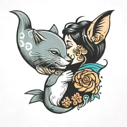 A Cat Which Hugs And Kisses A Dolphin On The Cheek From A Side View