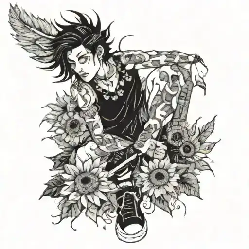 Boy With Black Hair And Tattoos Of Sunflowers And Feathers On His Legs