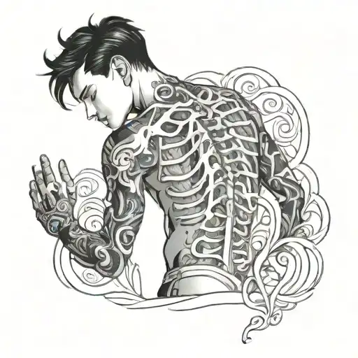 Boy With Black Hair And A Ribcage Tattoo Over His Torso