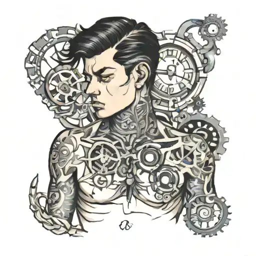 Boy With Black Hair And Clockwork Tattoos On His Chest