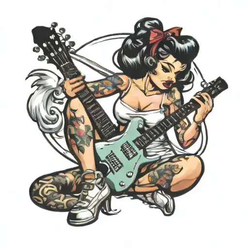 Pin Up Girl Squating With Electric Guitar