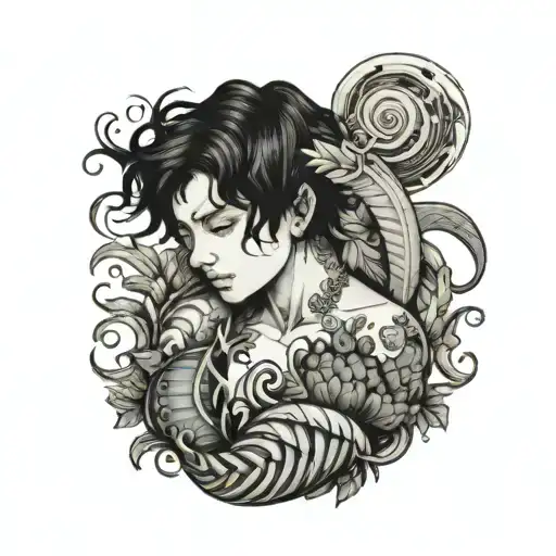 Boy With Black Hair And Tattoo Of Cornucopia On His Stomach