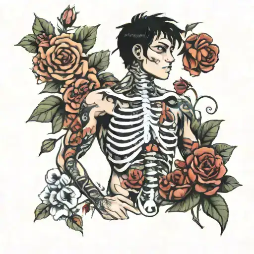Boy With Black Hair And Tattoo Of A Ribcage With Flowers On His Torso
