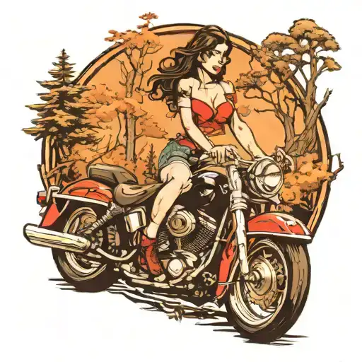 A Sexy Pin-up Girl Riding A Harley Davidson Motorcycle Through A Rugged Forest
