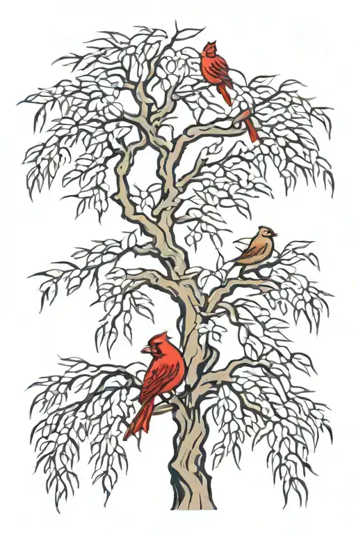 Weeping Willow Tree With Cardinal Bird