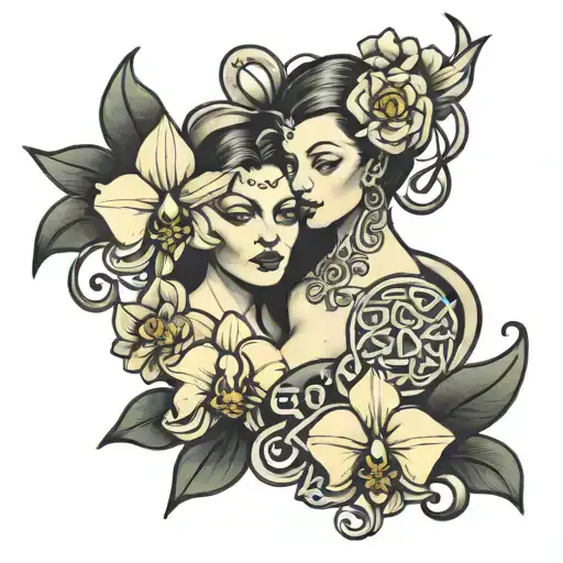 A Tattoo Representing A Family Of Three With Celtic Knots And Orchids