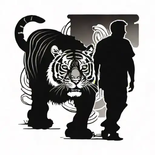 Black Silhouette Of Tiger Walking Behind Man