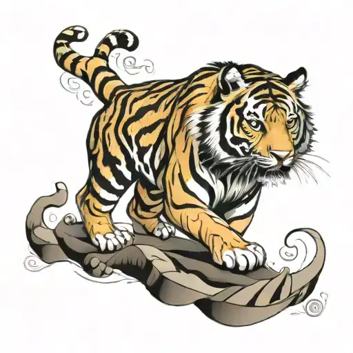 Tiger Walking One Step In Curve Back Falling