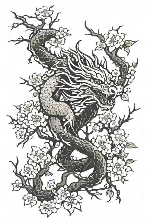 Sakura Tree Branches And Dragon
