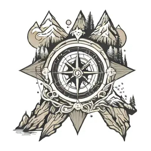 Compass And Mountain With Path Leading Towards