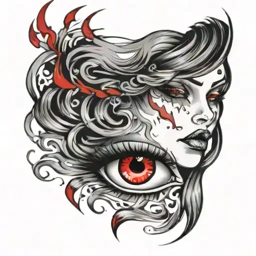 Black And Whit Goth Woman With Red Flaming Tears Flowing From Its Eyes