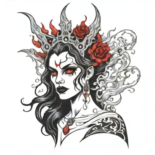 Black And White Gothic Vampire Woman With Red Flaming Tears Flowing From Its Eyes