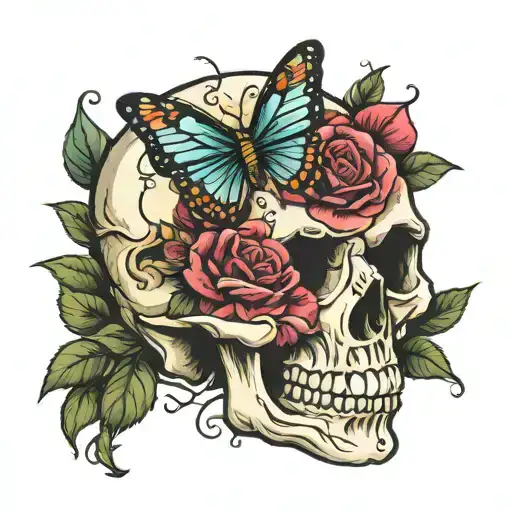 Skull With Roses And Butterflies