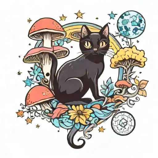 Black Cat And Colorful Mushrooms With Moon And Stars