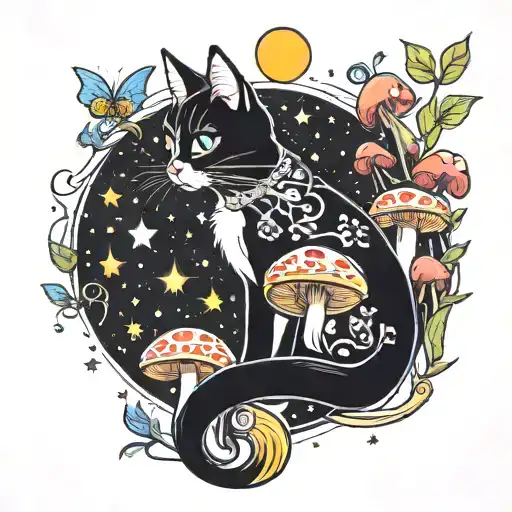 Black Cat And Colorful Mushrooms With Moon And Stars