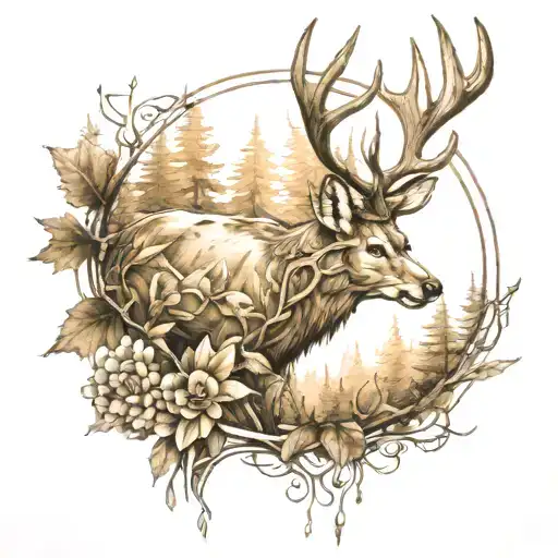 Horned Deer Sketch With Forest