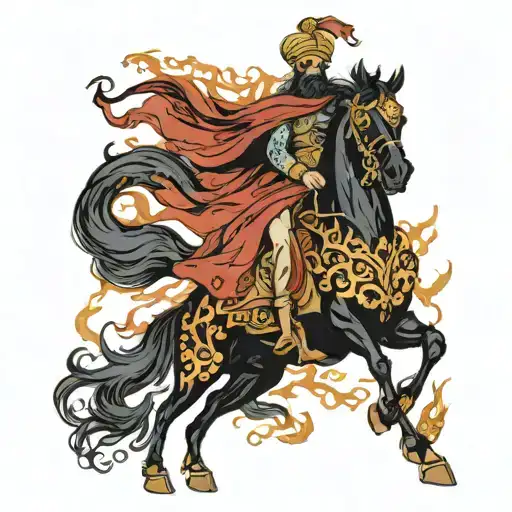 A Persian Prince On His Black Horse Coming Out Of Fire
