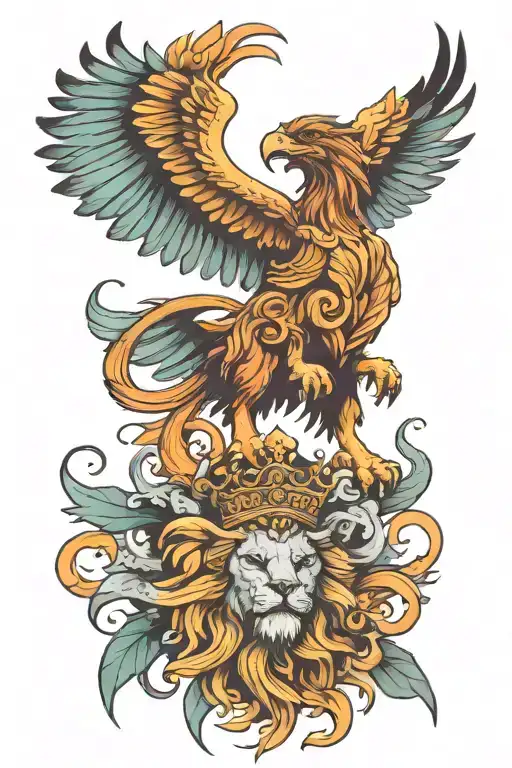 Pheonix Gaurding A Lion Wearing A Crown