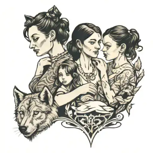 Shilouett Of A Mother And Two Girls Under A Dire Wolf