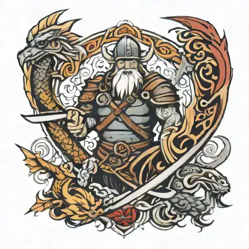 Viking And Dragon And Sword