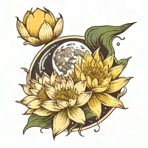 Moon Shape With One Water Lily And One Daisy Flower