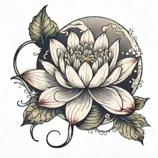 Cresent Moon With One Water Lily And One Daisy Flower