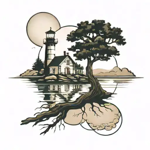 Lighthouse Reflection Oak Tree Silhouette