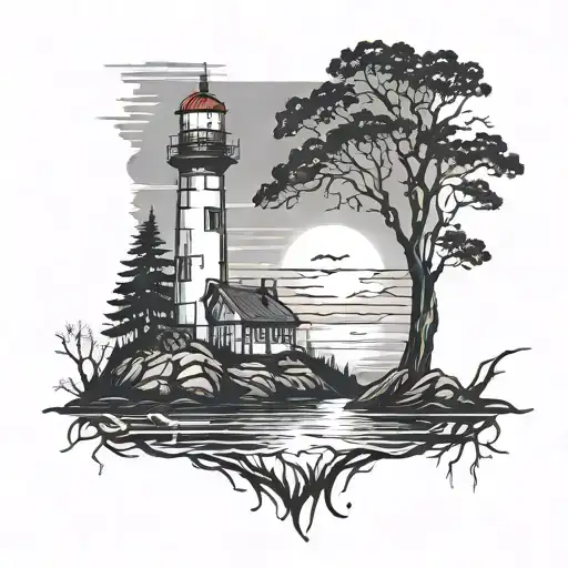 Lighthouse Reflection Tree Silhouette