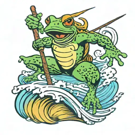 Frog Warrior Jumping With Spear Upwards On Top Of Wave