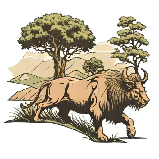 A Bull Under A Big Tree On A Hill And Looking Down On A Lion