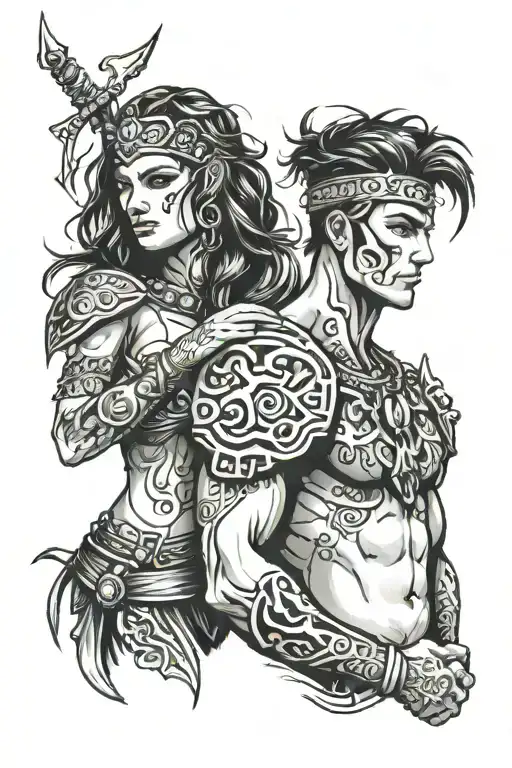 Warrior Man And Woman Holding