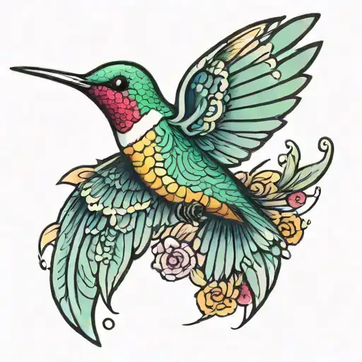 Japanese Inspired Small Colourful Hummingbird In Flight