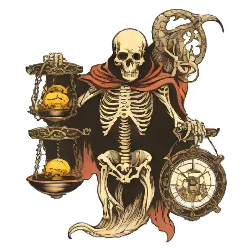 Skeleton Reaper Holding Scales Surrounded By Dragon