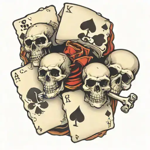 3 Skulls Jolly Roger Including Poker Cards 4 Aces And 3 Dice That Show The Number 6