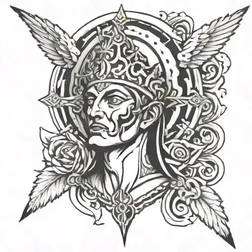 Black And White God Related Tattoo On Arm