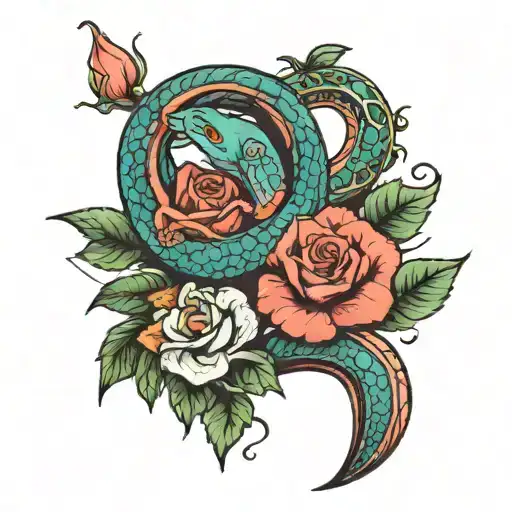 Snake Slithering Inbetween 3 Roses Mayflowers Hibiscus