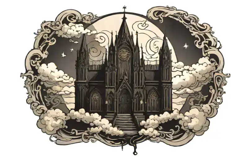 Dark Gothic Catherdral Sitting On The Clouds With A Starcase Leading To It