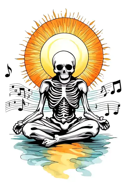 Skeleton Meditating With Big Sun Behind Him And Musical Notes