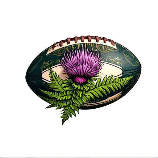 Scottish Thistle And New Zealand Fern Leaf On A Rugby Ball