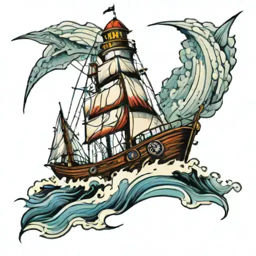 Fishing Boat Sailing Towards Lighthouse