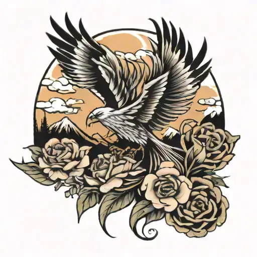 Flowers And Mountains Rising Phoenix From Fire Inside