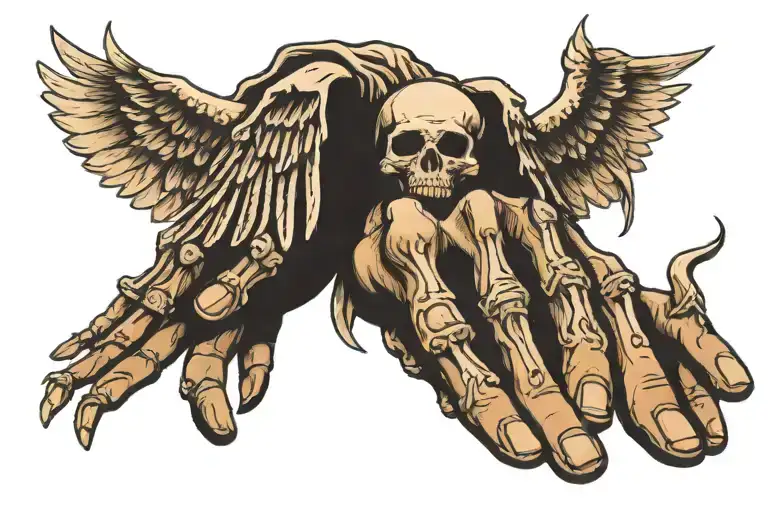 A Skeleton Hand With Wings Touching A Mans Hand