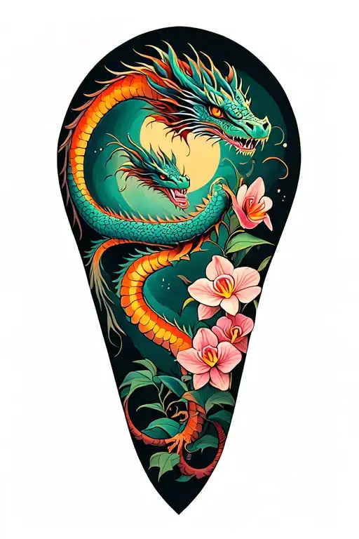 Full Leg Tattoo Dragon And Orchids