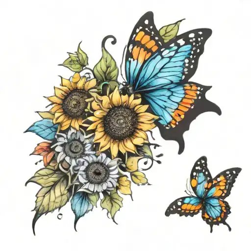 Sunflowers And Colorful Butterflies In Watercolor