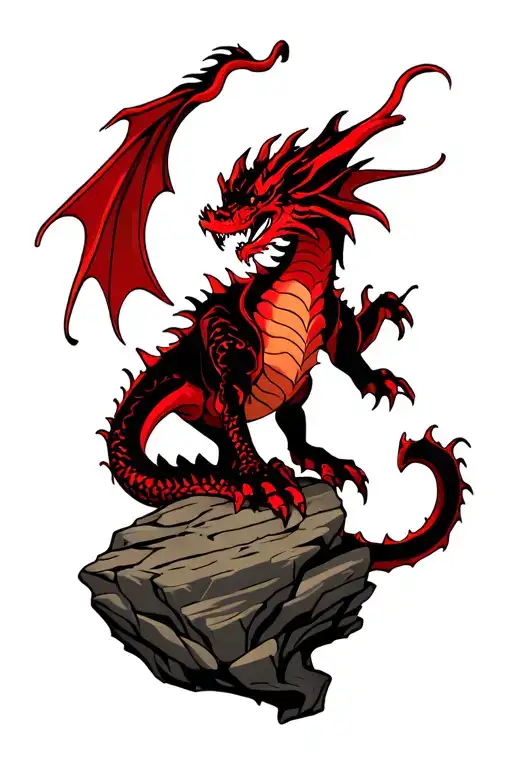 Black And Red Dragon Stood On A Rock