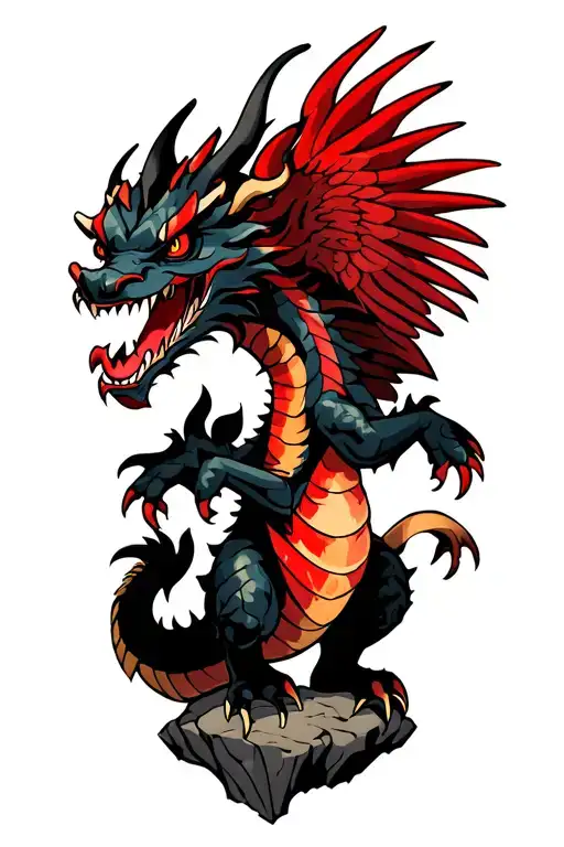 Black Dragon With A Red Stomach And Red Wing Webbing Stood On A Rock